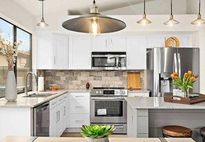 Fridge, microwave, oven, stovetop