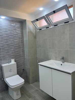 Een douche, zeep, toiletpapier