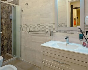 Shower, hair dryer, bidet, towels