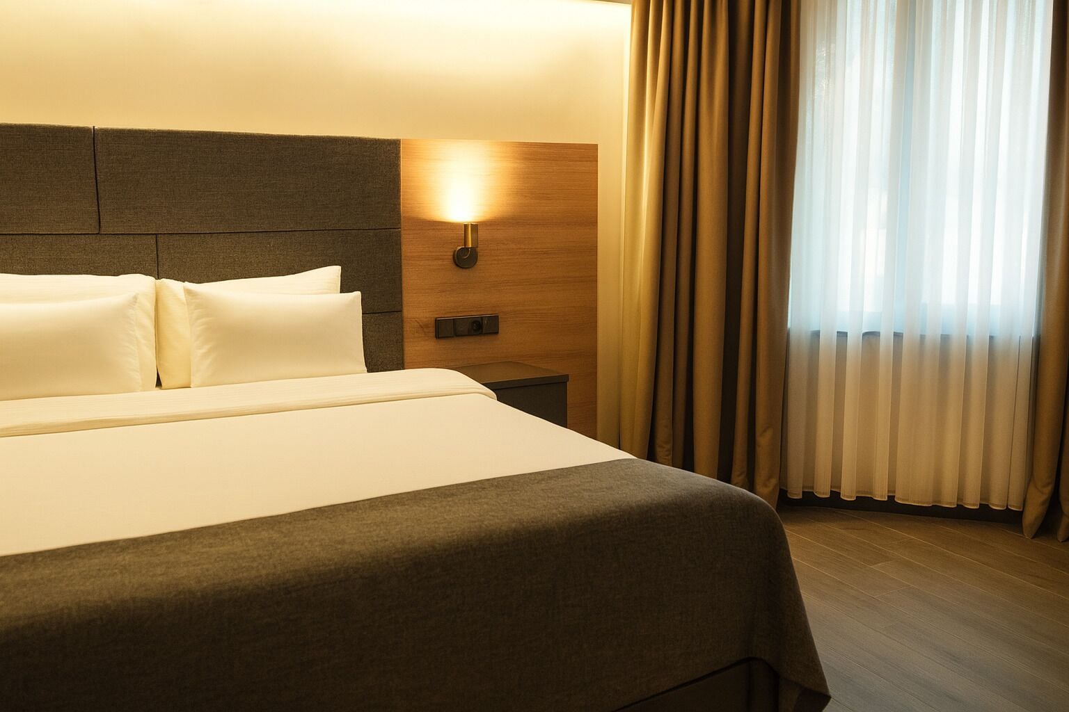 A hotel room with a large bed, a nightstand, a wall-mounted lamp, and a window with curtains.