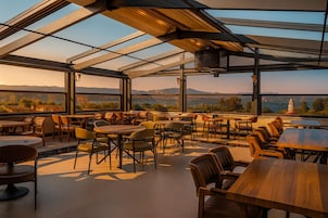 An outdoor dining area with tables and chairs, large windows, and a view of the landscape.