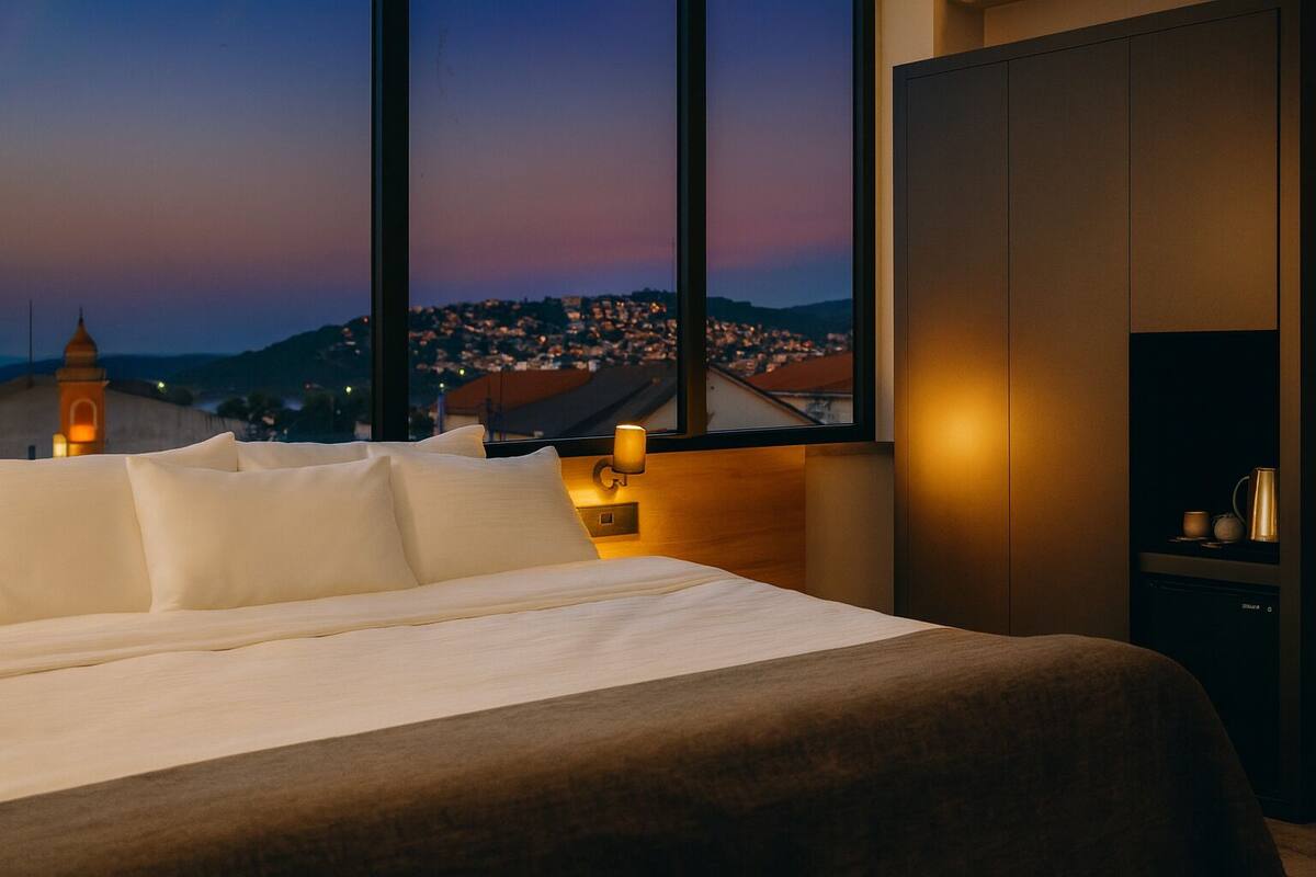 Ein Hotelzimmer mit einem großen Bett, einem Nachttisch und Blick auf eine Stadtlandschaft im Abendlicht.