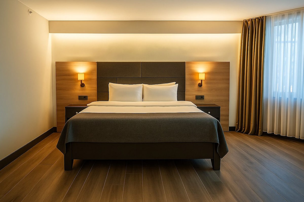 Ein Hotelzimmer mit einem großen Bett, zwei Nachttischlampen, einem Holzkopfende und einem Fenster mit Vorhängen.
