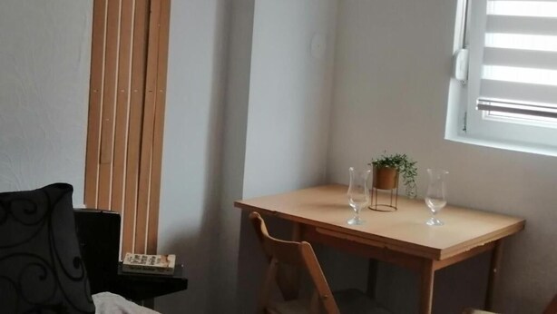 Een compact, verzorgd ingerichte kamer met een houten tafel, twee stoelen, een plant in pot en een raam met zonwering.