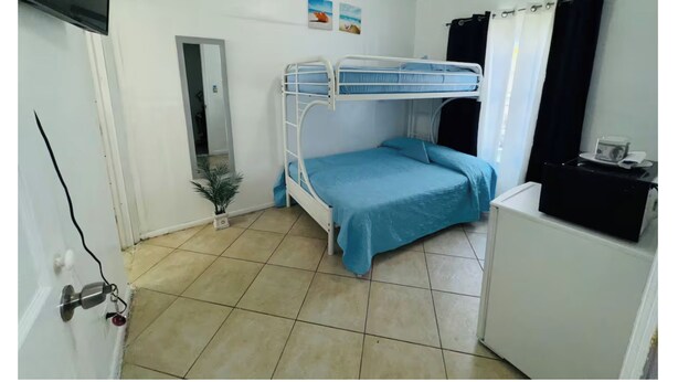 A room with a bunk bed, a small desk, a potted plant, and a mirror.