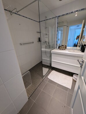 Douche, sèche-cheveux, serviettes fournies, papier toilette