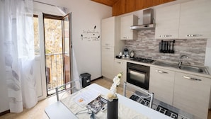 Eine moderne Küche mit Steinrückwand, Edelstahlgeräten und Blick ins Freie.