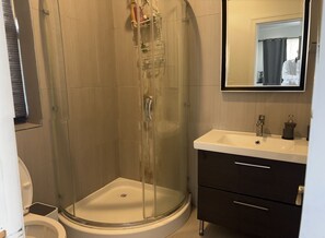 Douche, sèche-cheveux, serviettes fournies, papier toilette