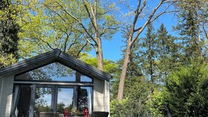 A modern house with a glass door entrance, a patio with wicker furniture, and a garden with various plants and flowers.