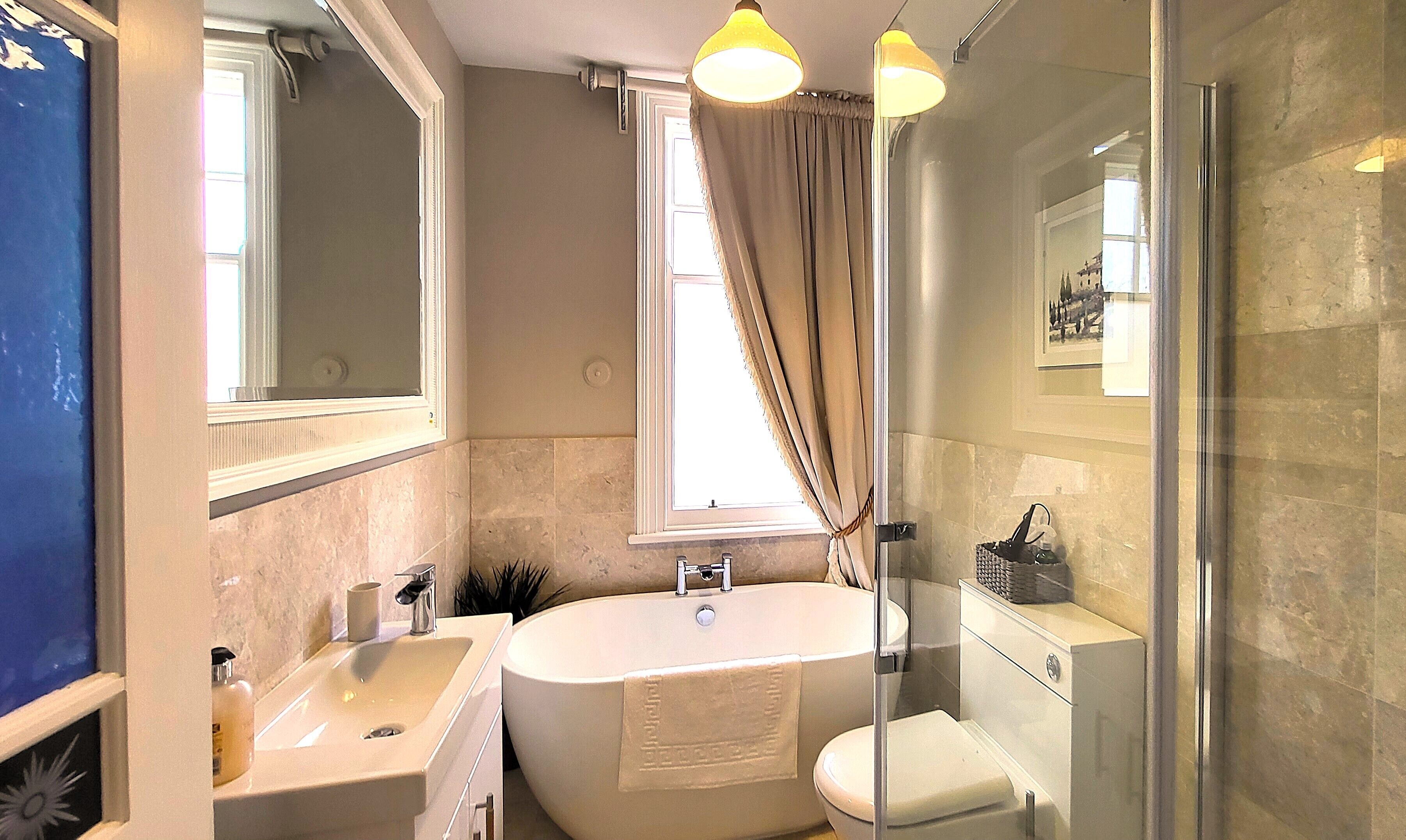Shower, eco-friendly toiletries, hair dryer, bidet