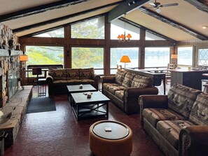 TV, fireplace, offices - Private 6BR Waterfront Lodge on Round Lake – Sandy Beach, Dock, Fire Pit (Hayward)