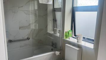 Eco-friendly toiletries, hair dryer, towels, soap