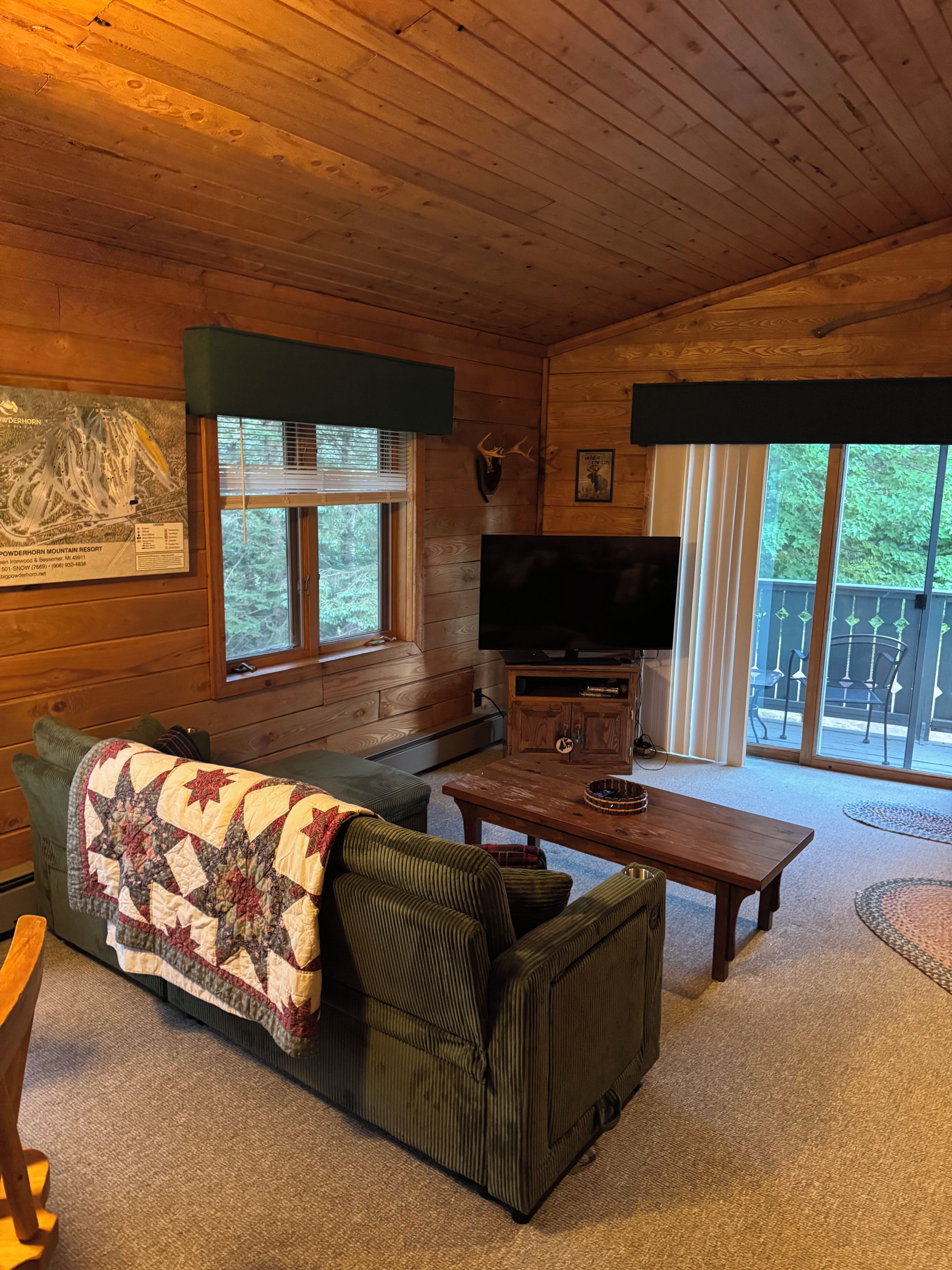 L’intérieur d’un chalet accueillant, avec un plafond en bois, un téléviseur, une cheminée et une grande fenêtre.