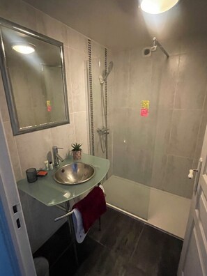 Shower, towels, soap, toilet paper