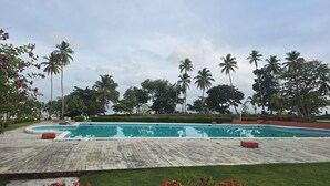 A swimming pool with a brick deck, surrounded by palm trees and red flowers.