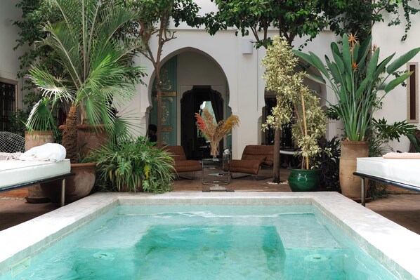 Outdoor pool, pool umbrellas, pool loungers