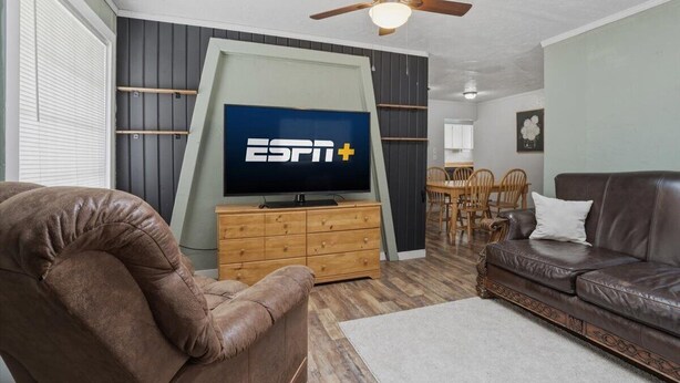 A living room with a television, a brown leather sofa, a wooden cabinet, and a ceiling fan. - 10mins to Air force base|Smart TV|Self Check-In (Mountain Home)