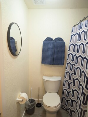 Shower, towels, soap, toilet paper