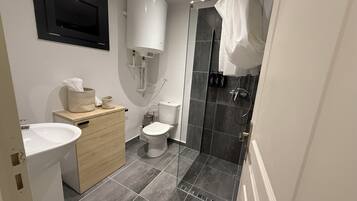 Hair dryer, towels, soap, toilet paper
