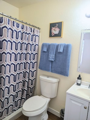 Shower, towels, soap, toilet paper