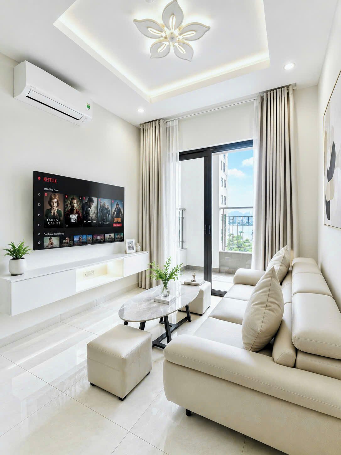 Leilighet – city, 2 soverom, adgang til basseng, elveutsikt | Oppholdsområde | En 43-tommers smart-TV med kabel-kanaler