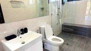 Ducha, secador de pelo, toallas, jabón