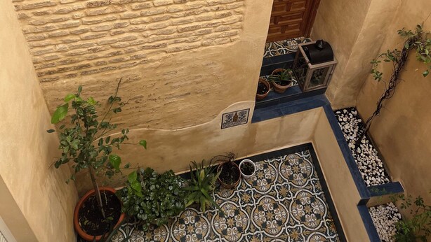 A courtyard with a brick wall, two decorative tiles, a wooden door, potted plants, and a tiled floor.