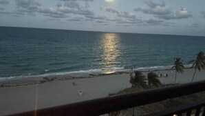 Ein Strand mit Blick auf das Meer und Palmen.