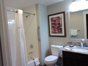 Hair dryer, towels, soap, toilet paper