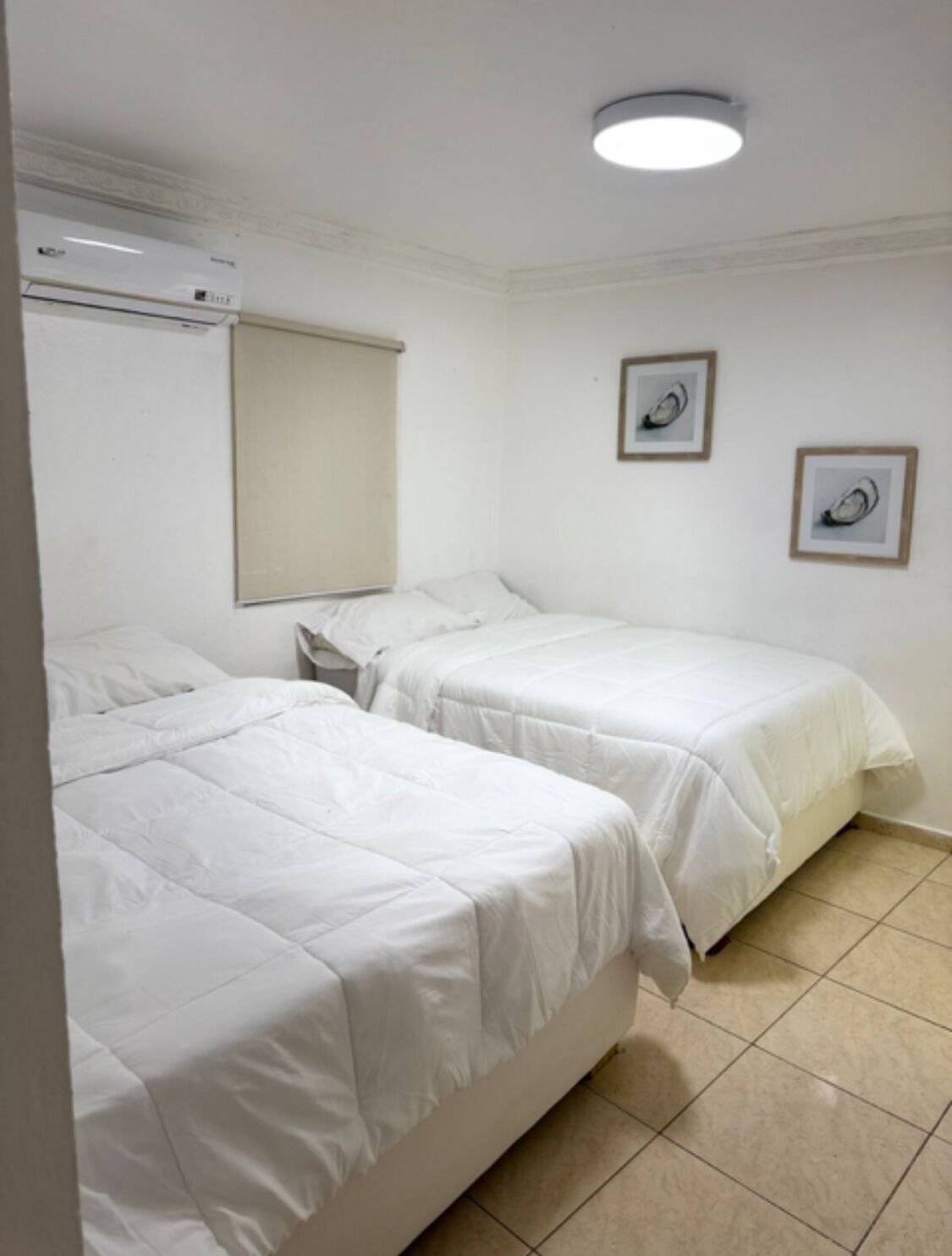 Una stanza con due letti, una lampada a soffitto, una finestra con tenda e due quadri appesi al muro.