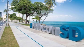 A coastal walkway with large blue letters spelling "MaledvicioSD" and palm trees.