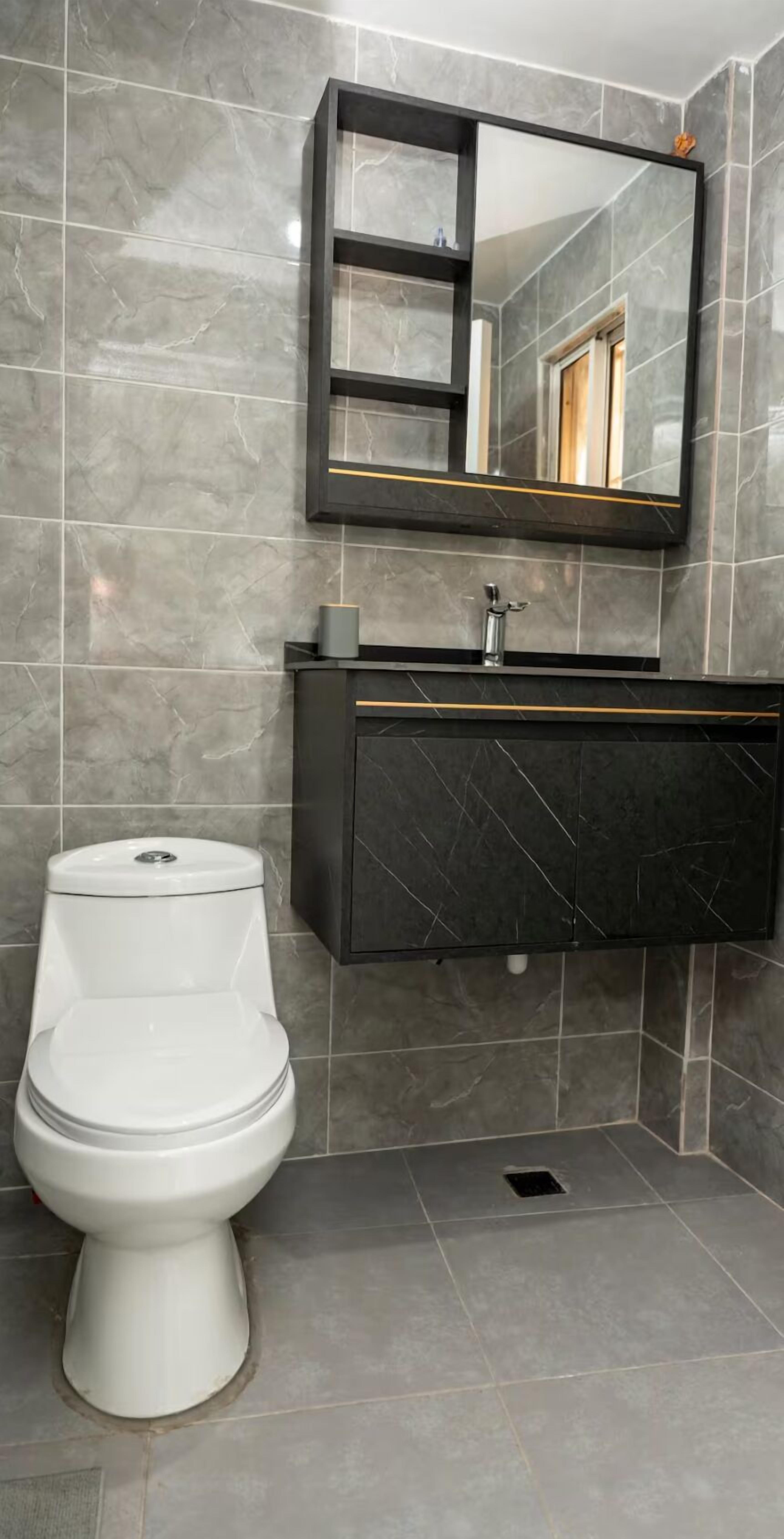 A modern bathroom with a white toilet, a dark marble vanity, and a large mirror.