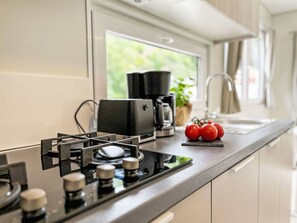 Fridge, microwave, oven, cookware/dishes/utensils