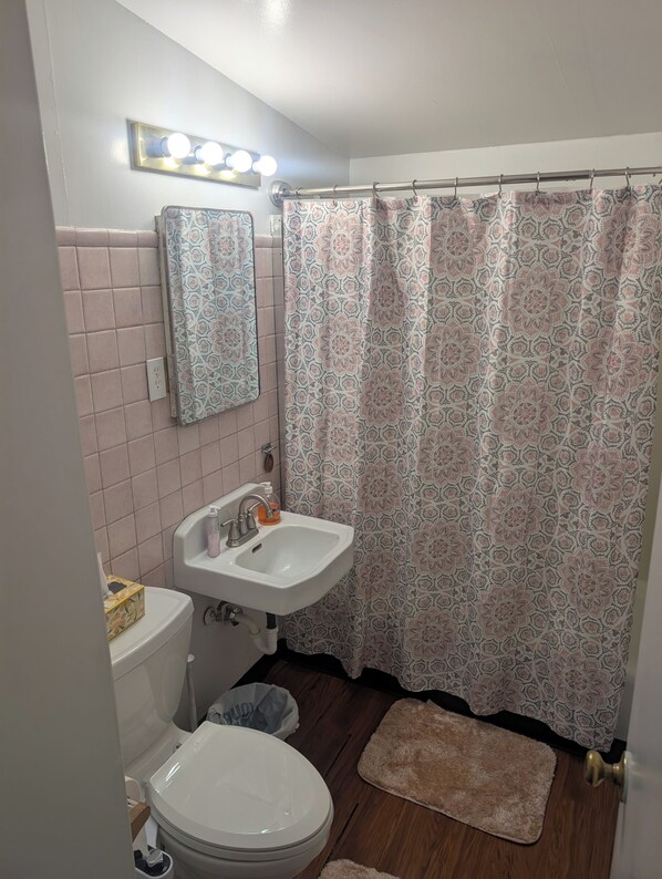 Une salle de bain équipée de toilettes, d’un lavabo et d’un rideau de douche.