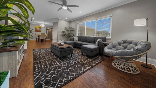 A modern living room with a sectional sofa, a round chair, a coffee table, and a patterned rug.
