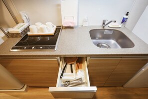 Mini-fridge, microwave, stovetop, cookware/dishes/utensils
