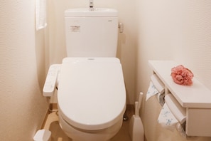 Combined shower/tub, free toiletries, hair dryer, slippers