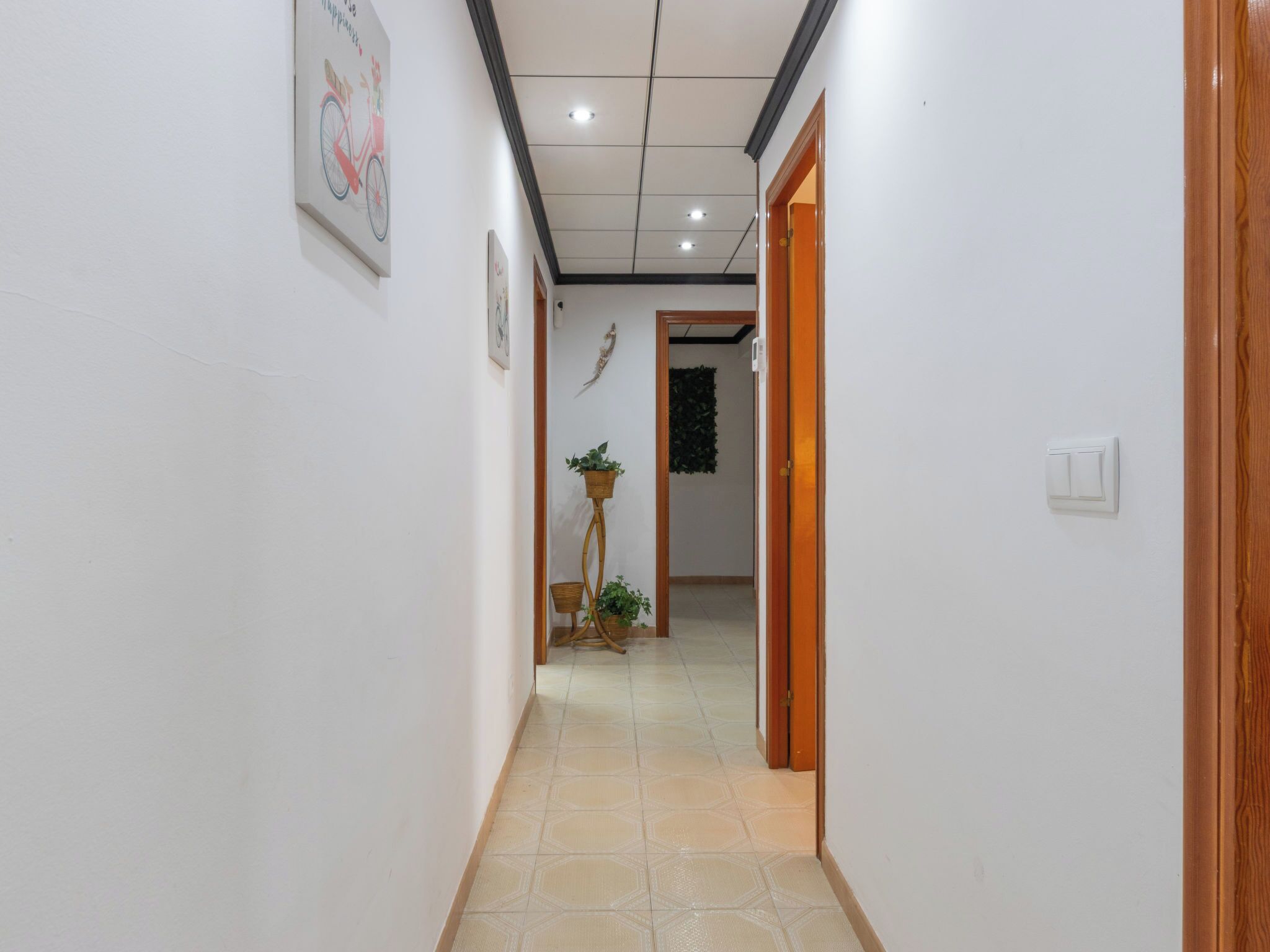 A hallway with white walls, a tiled floor, and a wooden door. There are framed pictures on the walls and a potted plant in the center.