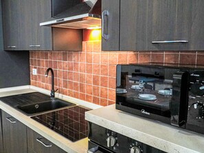 Fridge, microwave, dishwasher, cookware/dishes/utensils