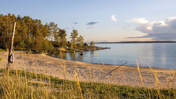 En strand med sandet bredde, en rolig sø og en skov i baggrunden.