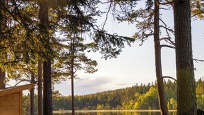 En træhytte med et picnicbord ved en sø, omgivet af høje træer.
