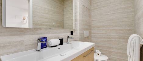 Hair dryer, towels, shampoo