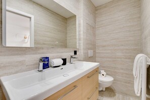 Hair dryer, towels, shampoo