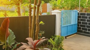 Un jardín con diversas plantas, una puerta azul y un muro de ladrillo.