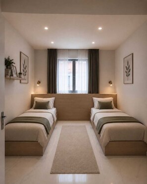A modern bedroom with two beds, a large window with curtains, and wall-mounted lighting. - Luxury retreat with panoramic views, 10 minutes from Loro Park (Los Realejos)