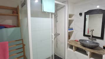 Hair dryer, towels, soap, shampoo