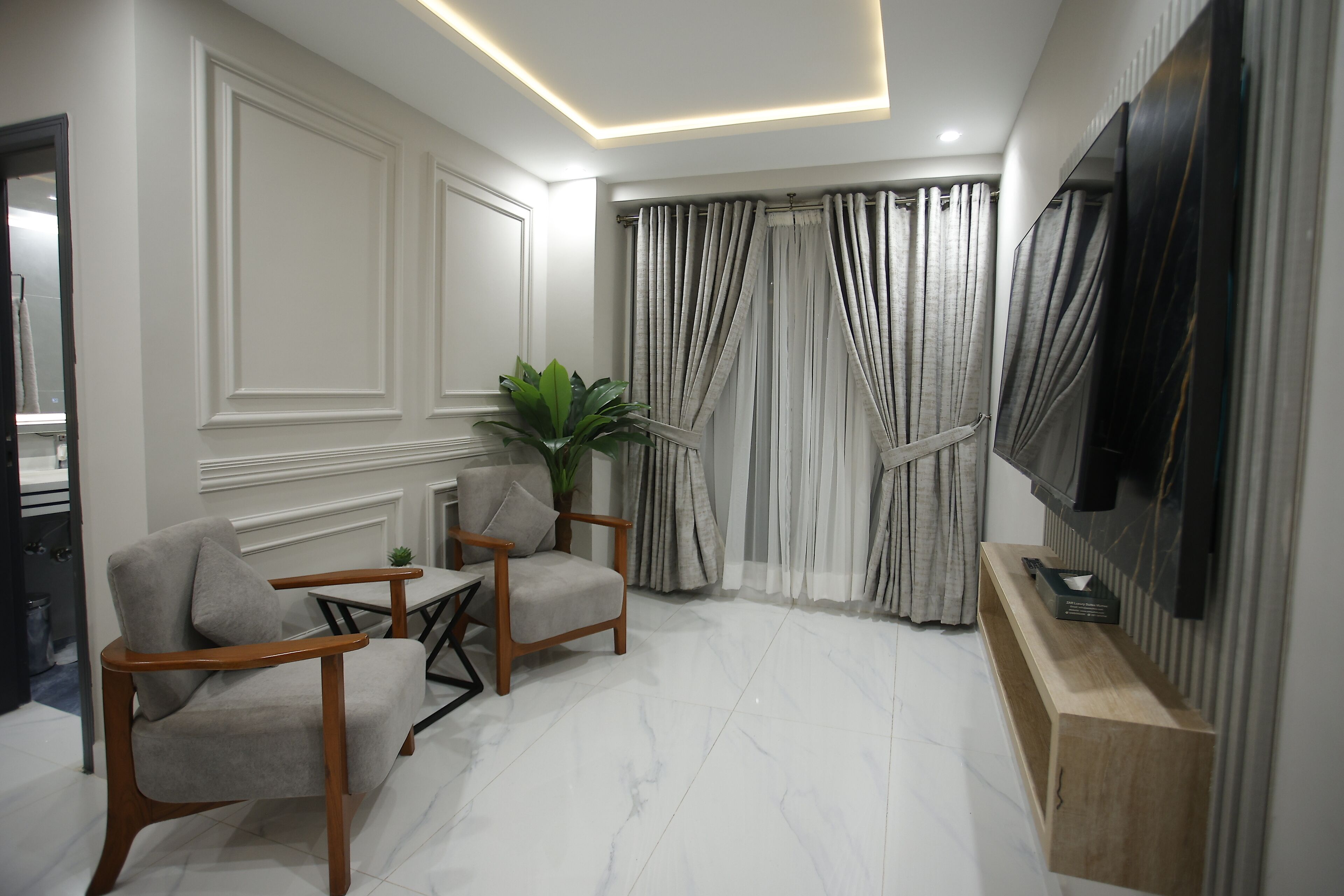 Un salon moderne avec un téléviseur à écran plat, deux fauteuils, une petite table et une plante en pot.