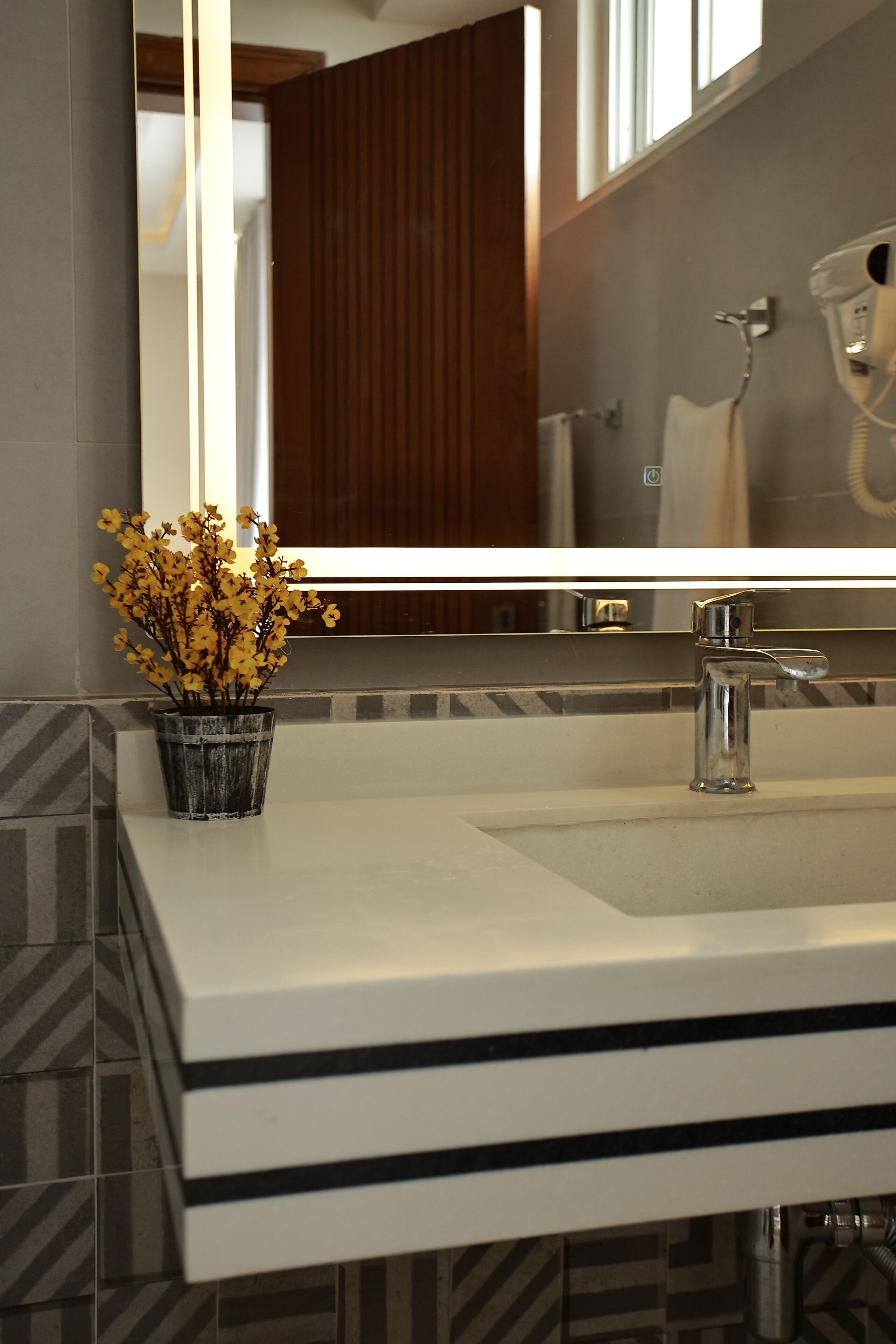 A bathroom with a white sink, a mirror, and a potted plant.