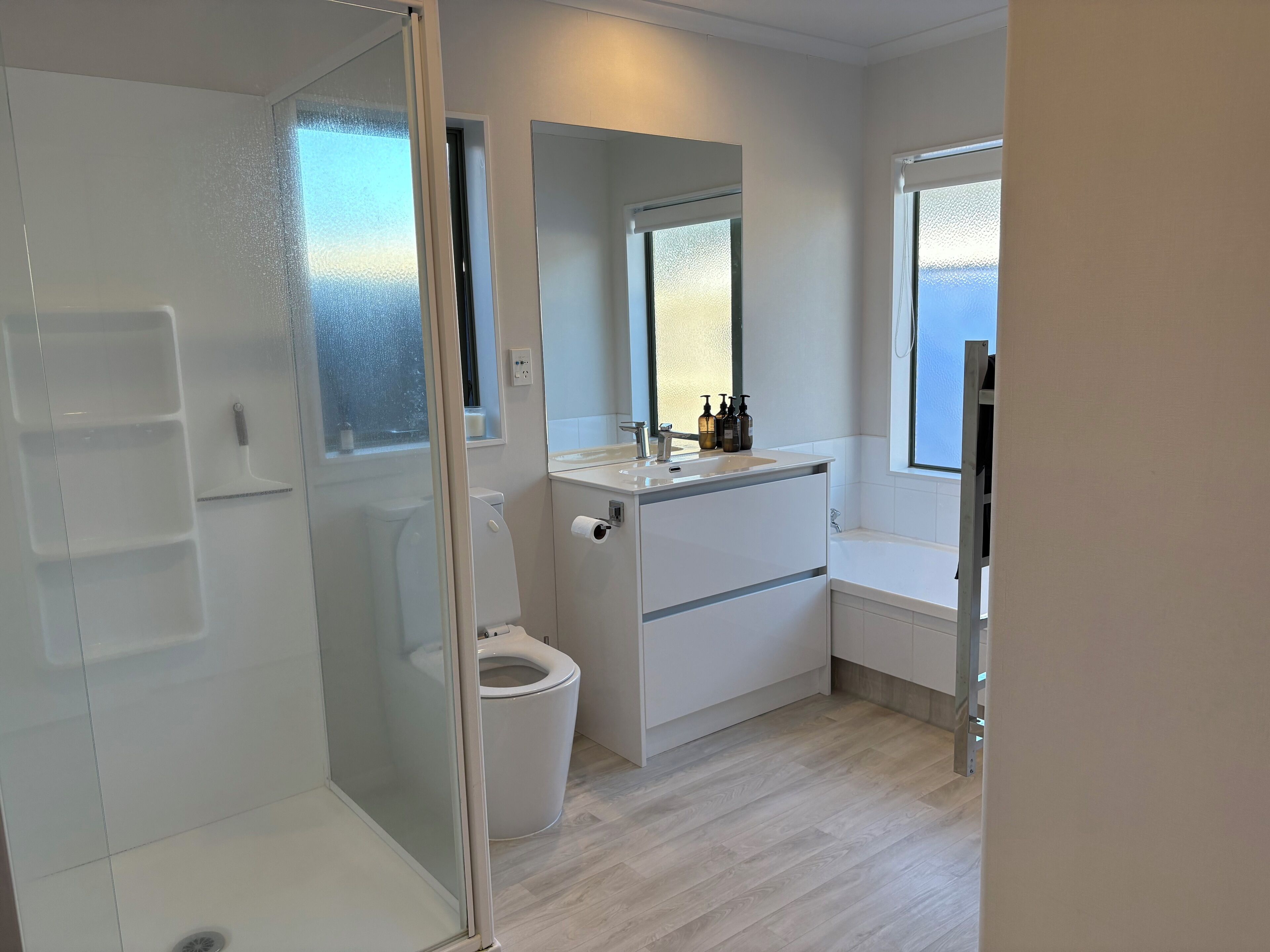 Hair dryer, towels, toilet paper