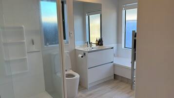 Hair dryer, towels, toilet paper